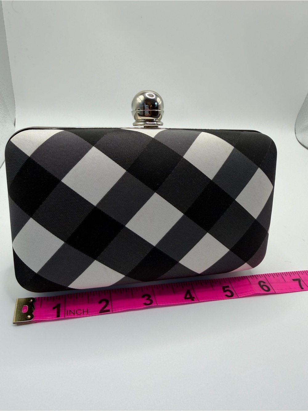 Black and White Checkered Convertible Box Clutch with Silver Chain Strap - Picture 7 of 10